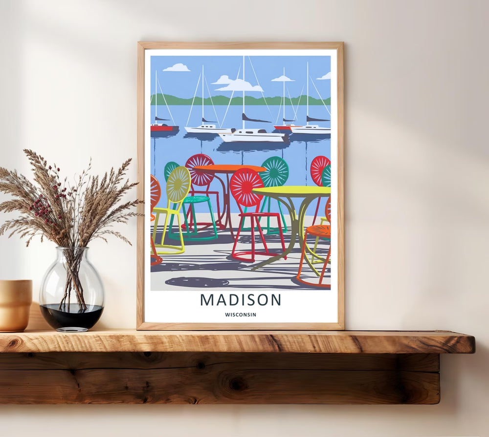 A unique retro vector travel illustration of sailboats floating on the light blue water of Lake Mendota behind the famous sunburst patio chairs at the Memorial Union Terrace in Madison Wisconsin.