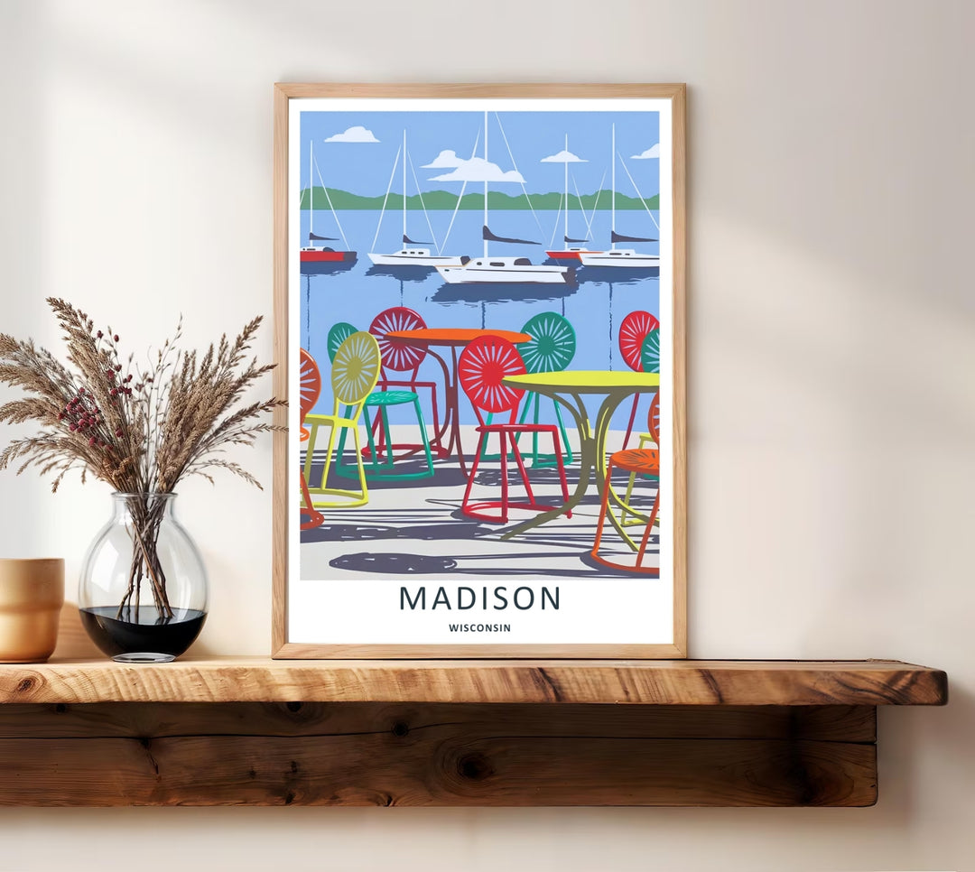 A unique retro vector travel illustration of sailboats floating on the light blue water of Lake Mendota behind the famous sunburst patio chairs at the Memorial Union Terrace in Madison Wisconsin.