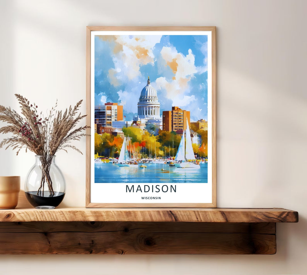A unique impressionistic travel illustration of the Wisconsin State Capitol building in Madison seen across a shimmering blue lake filled with elegant white sailboats cruising during the autumn season.