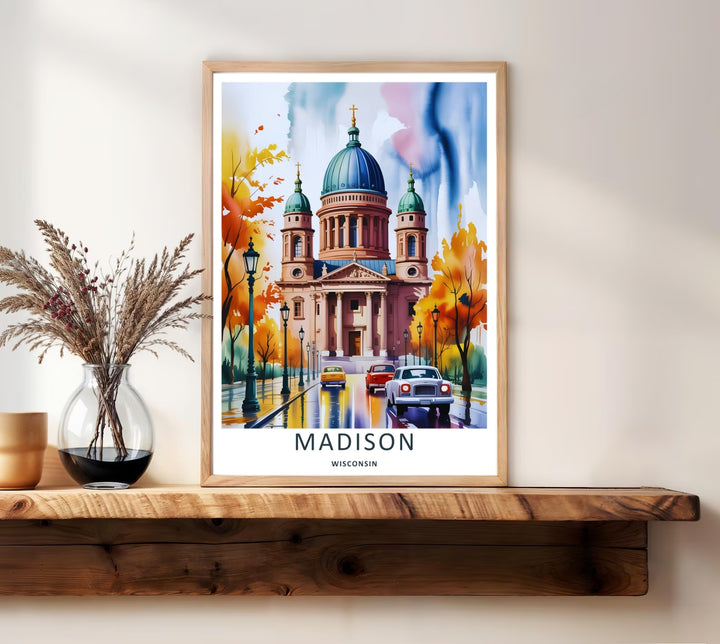 A bold watercolor travel print capturing classic cars driving toward the dome of the Madison Wisconsin State Capitol building, ready to order as an unframed print, wrapped canvas, or a natural wood frame.