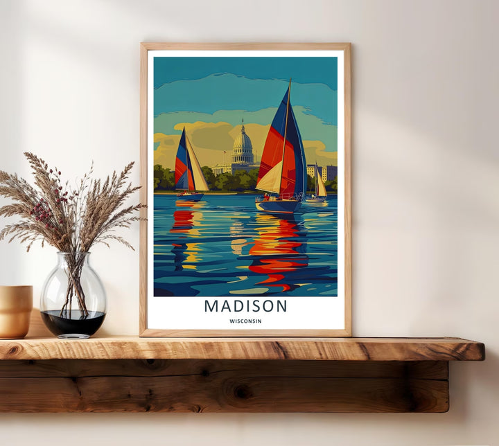 A detailed artistic Madison Wisconsin travel poster featuring sharp architectural lines of the capital dome rising over lush green trees, selectable as an elegant canvas or minimalist poster print.