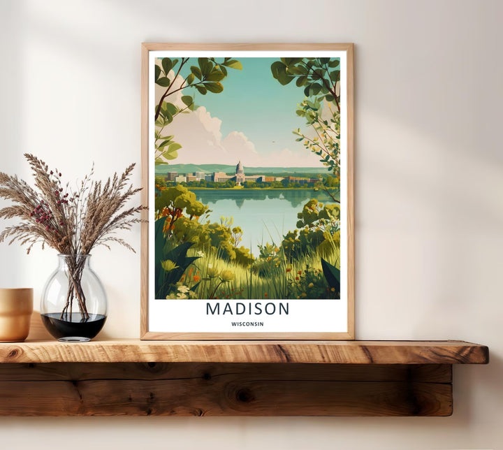 A unique retro vector travel illustration of the urban city skyline and Madison Wisconsin State Capitol building seen across the smooth water through a natural frame of green overhanging tree leaves.