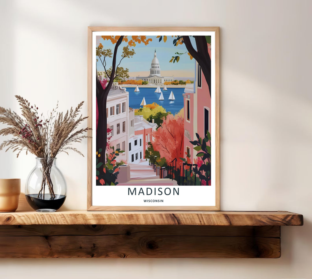 A bold vector graphic travel poster capturing a picturesque sloping street view of the iconic capital city dome in Madison Wisconsin, ready to order as an unframed print or canvas.