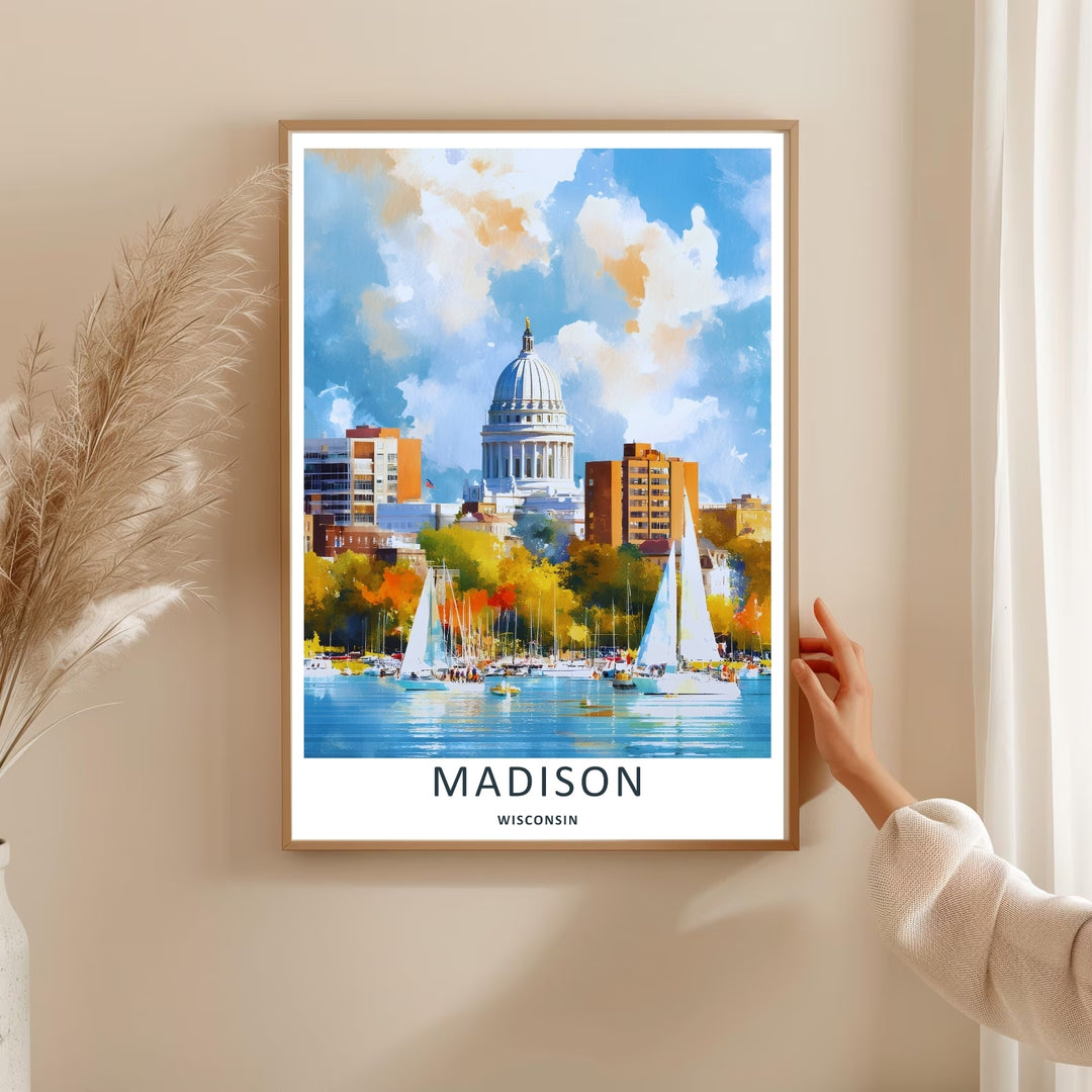 A bold watercolor graphic travel poster capturing a scenic panoramic view of the iconic capital city dome in Madison Wisconsin, ready to order as an unframed print, wrapped canvas, or a natural wood frame.