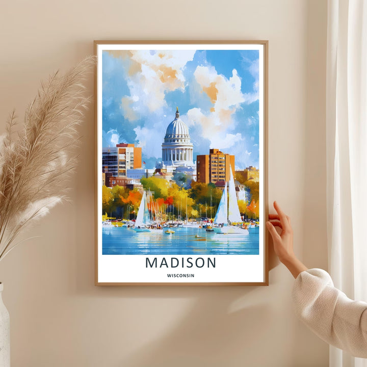 A bold watercolor graphic travel poster capturing a scenic panoramic view of the iconic capital city dome in Madison Wisconsin, ready to order as an unframed print, wrapped canvas, or a natural wood frame.