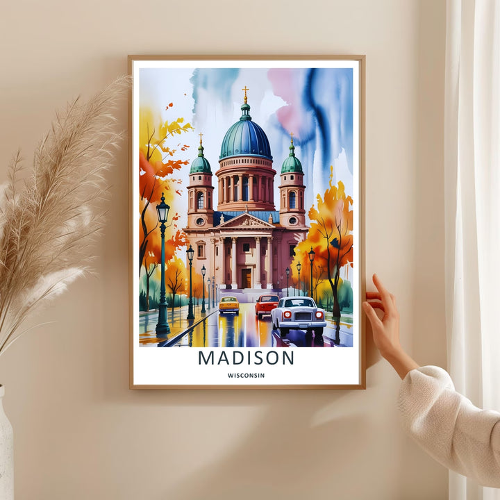 A detailed artistic Madison Wisconsin travel poster displaying a dreamlike watercolor wash sky over the architectural lines of the capital, selectable as an elegant canvas or a loose poster print.