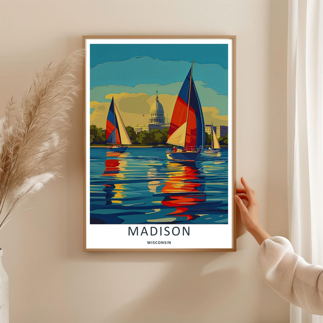 Bright and colorful nautical wall decor depicting passing boats casting vivid orange and yellow reflections on the water in Madison Wisconsin, purchasable as premium canvas wall art or framed prints.