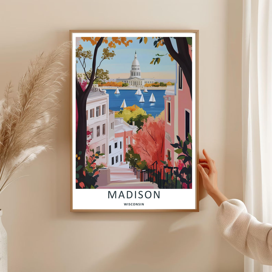 Bright and colorful urban decor featuring historic pink and white townhouses overlooking sailboats on Lake Mendota in Madison Wisconsin, purchasable as wrapped canvas or a premium white frame.