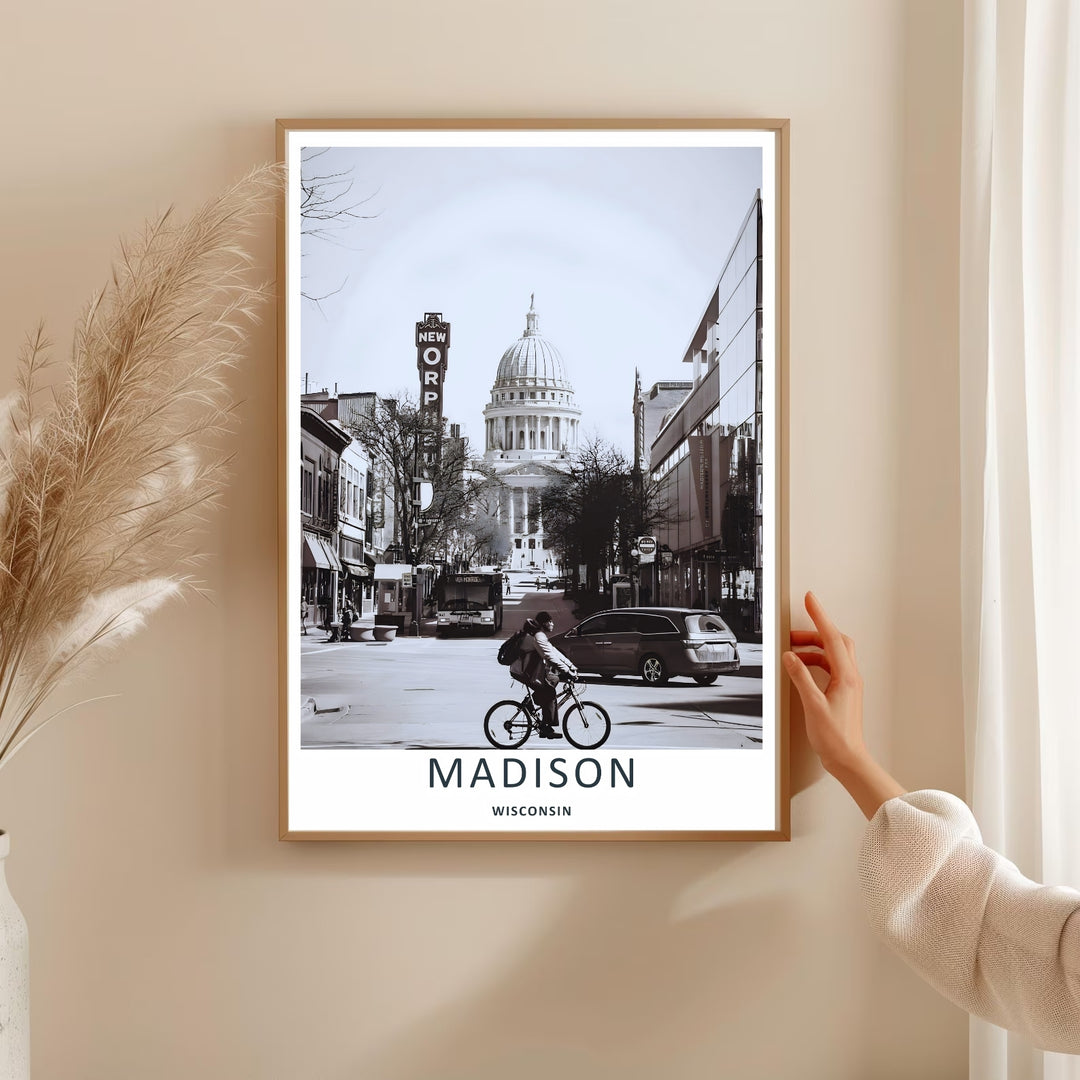 A detailed photographic Madison Wisconsin travel poster displaying sharp structural lines of the downtown capital district, selectable as an elegant canvas format or a minimalist matte poster print.