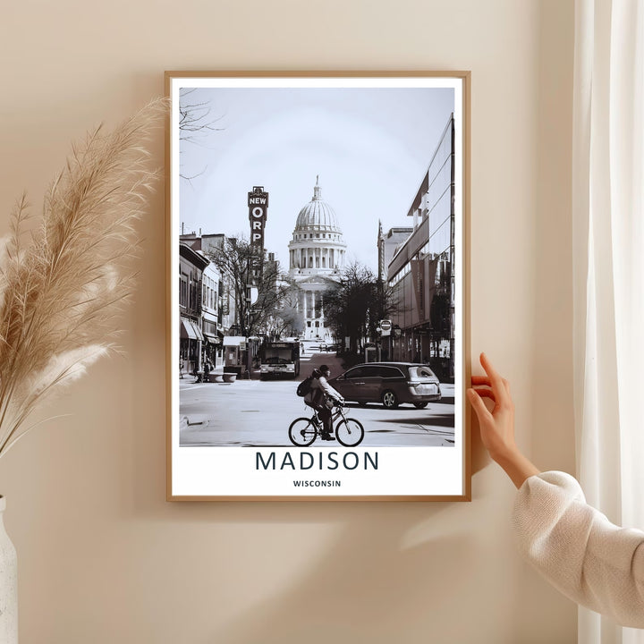 A detailed photographic Madison Wisconsin travel poster displaying sharp structural lines of the downtown capital district, selectable as an elegant canvas format or a minimalist matte poster print.