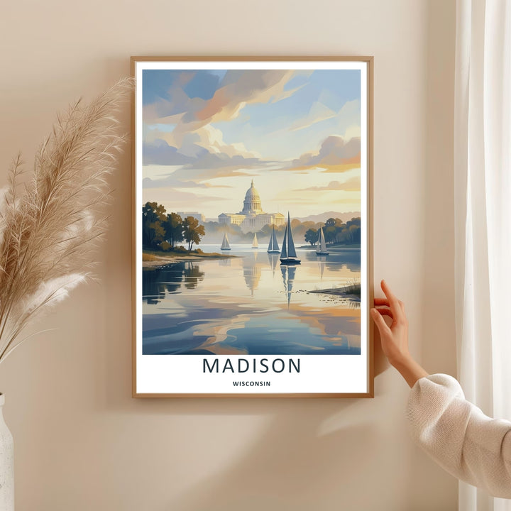 A bold painterly travel poster capturing a scenic panoramic view of the iconic capital city dome in Madison Wisconsin, ready to order as an unframed print, wrapped canvas, or a natural wood framed art piece.