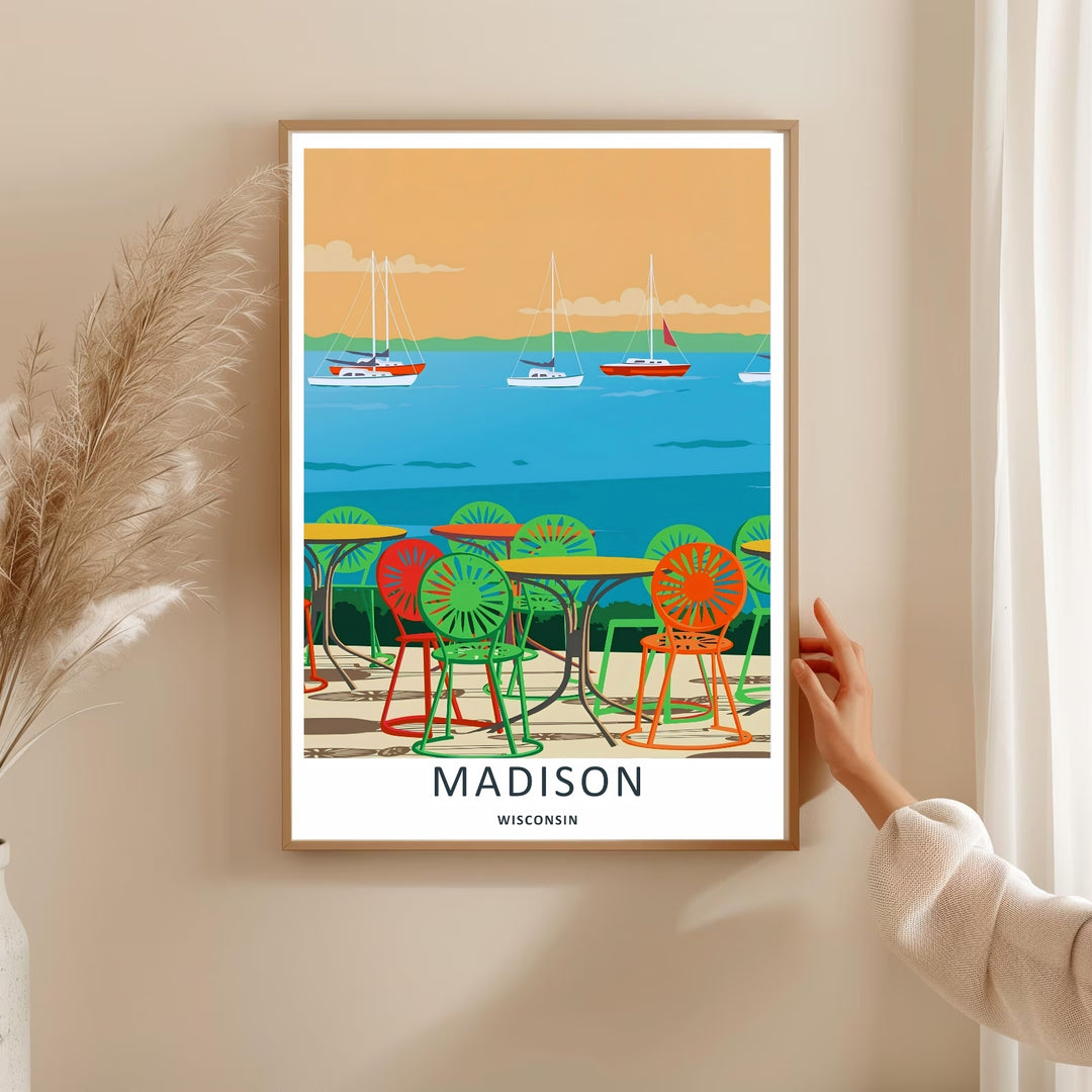 Bright and colorful lakefront decor featuring the iconic metal patio chairs and tables of Madison Wisconsin during a warm sunset afternoon, purchasable as a wrapped canvas or a premium white frame.