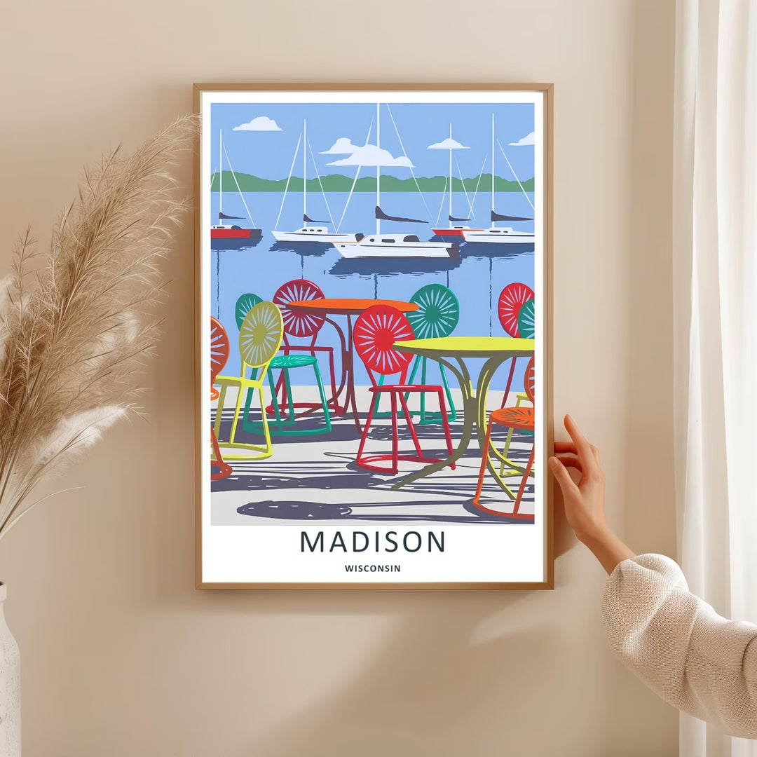 A bold vector graphic travel poster capturing the historic Memorial Union Terrace waterfront in Madison Wisconsin, ready to order as an unframed print, wrapped canvas, or a natural wood framed art piece.