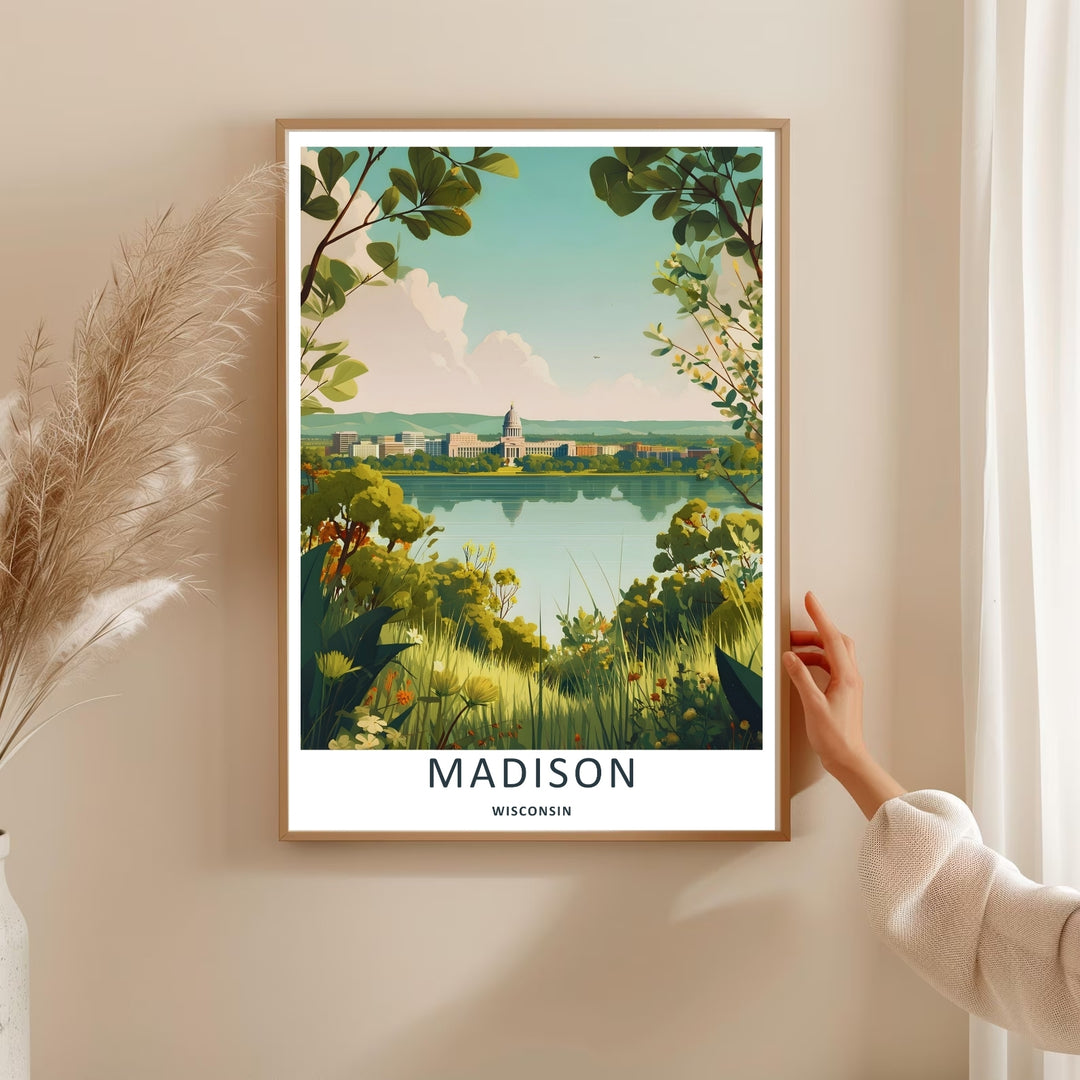 A bold vector graphic travel poster capturing the scenic landscape and waterfront skyline of Madison Wisconsin, ready to order as an unframed print, wrapped canvas, or a natural wood framed art piece.