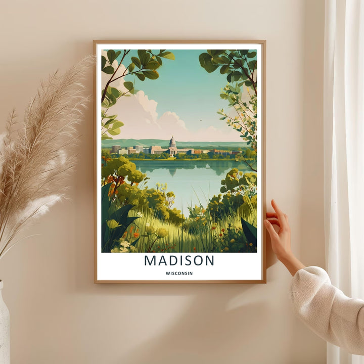 A bold vector graphic travel poster capturing the scenic landscape and waterfront skyline of Madison Wisconsin, ready to order as an unframed print, wrapped canvas, or a natural wood framed art piece.