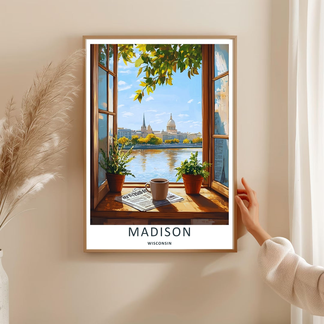 A bold vector graphic travel poster capturing an intimate window view of the iconic capital city skyline in Madison Wisconsin, ready to order as an unframed print or high-quality wrapped canvas.