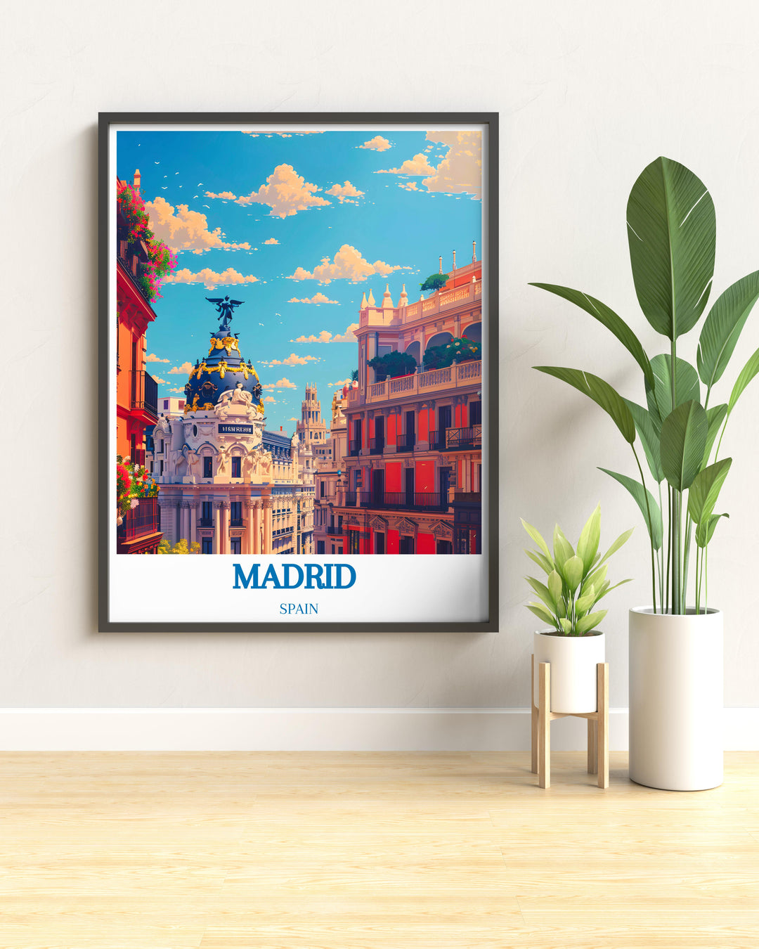 Vintage poster of Madrid, capturing the historical essence of the citys famous landmarks.