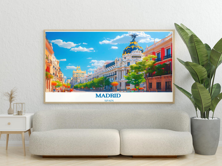 Artistic print capturing the lively atmosphere of Madrids central squares.