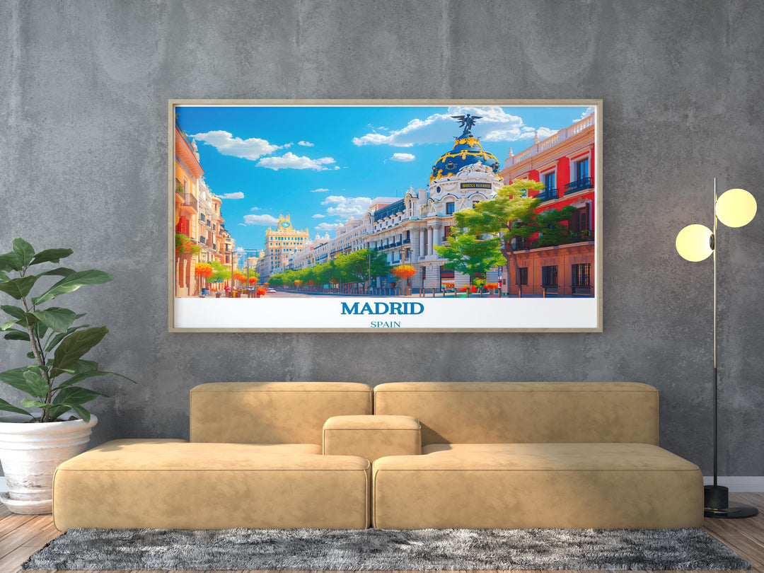 Vibrant depiction of Madrids Gran Vía, blending modern and classic artistic styles.