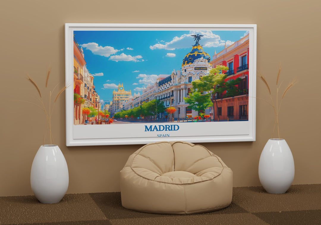 Travel print of Madrid, showcasing the citys famous museums and cultural sites.