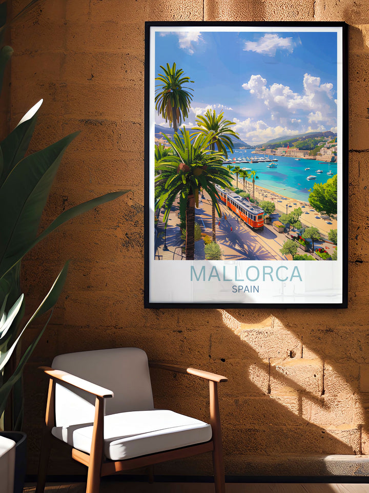 Artistic depiction of Mallorcas landscapes, from tranquil beaches to mountainous regions, in vibrant colors.