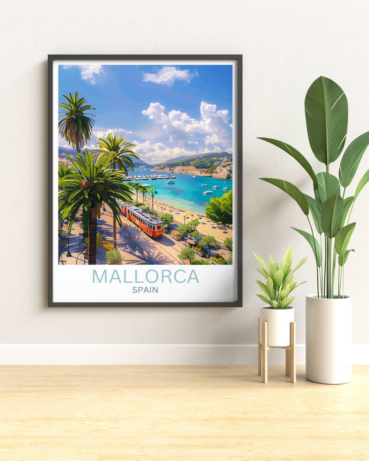 Travel poster of Port de Sóller with stunning seaside views, ideal for lovers of Mediterranean destinations.