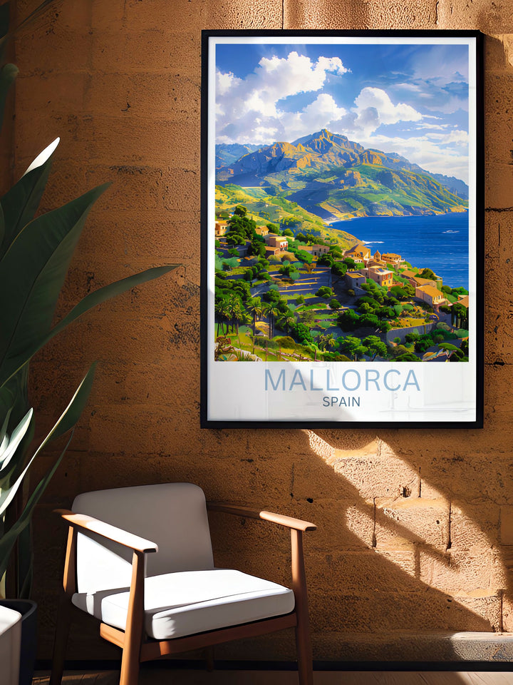 Detailed artistic rendition of Serra de Tramuntanas hiking trails, inviting viewers to explore the natural paths.