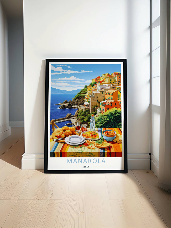 Minimalist Manarola Cinque Terre Italy travel poster of the iconic seaside town scene overlooking the deep blue water without text, customizable as a canvas piece or a wood framed wall accent.