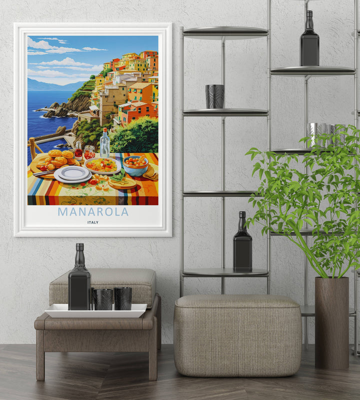A bold graphic travel poster capturing the outdoor dinner vignette and iconic cliffside architecture of Manarola Cinque Terre Italy, ready to order as an unframed print or a natural wood frame.