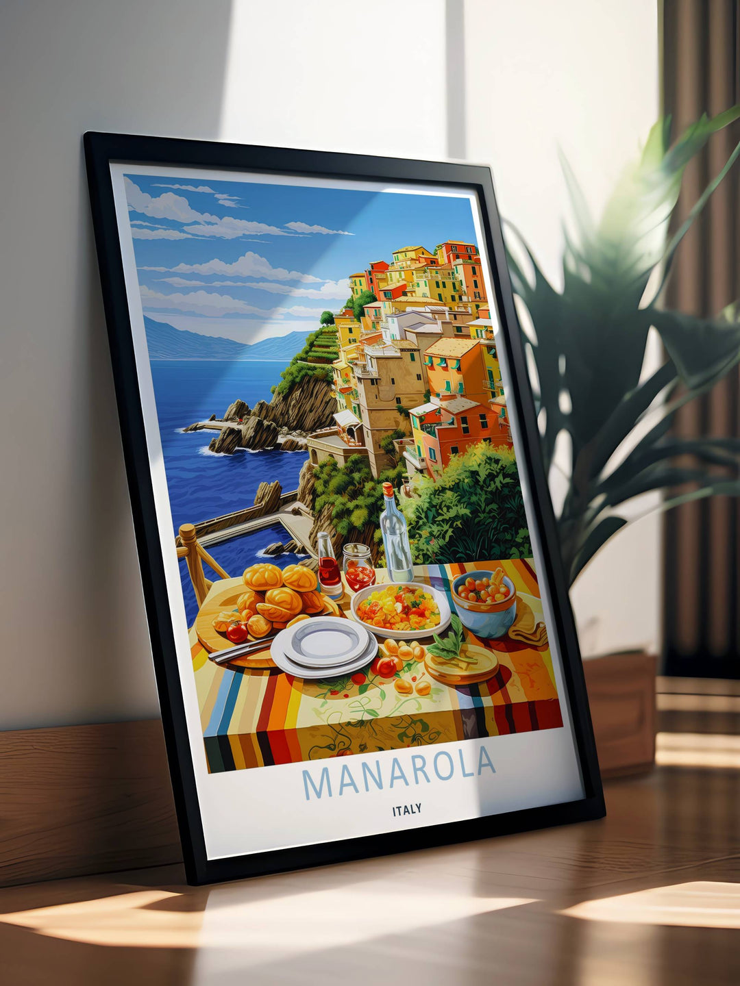 A stunning Italian resort theme print showcasing fluid geometric house layers and realistic food details framing the coast of Manarola Cinque Terre Italy, available in flexible print layouts.