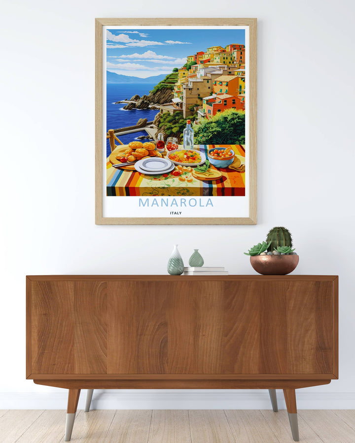 Colorful lifestyle illustration print of the world-famous coastal scenery and steep green terraces of Manarola Cinque Terre Italy, crafted as a premium canvas wall print or a luxury gold framed piece.