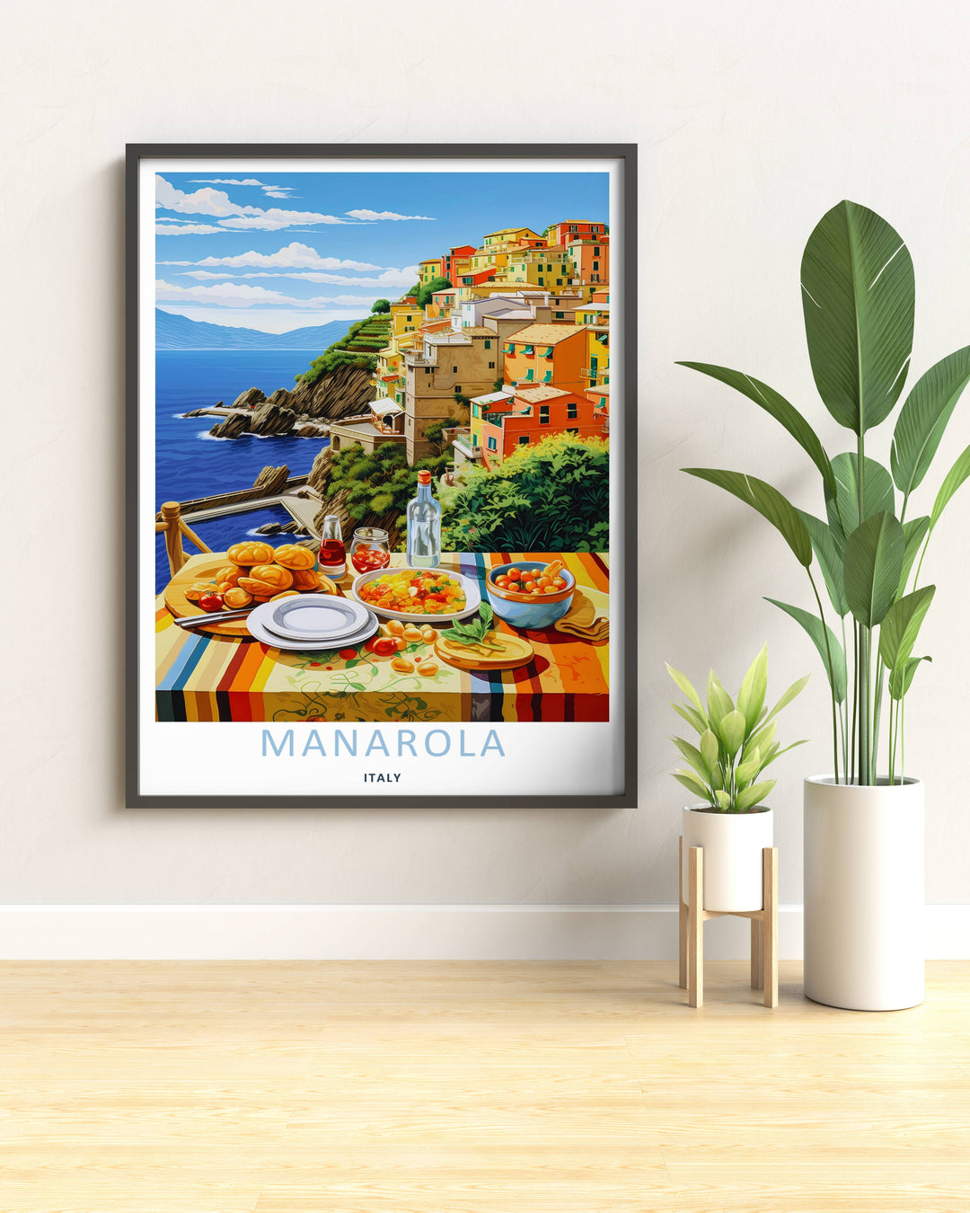 Modern wall art featuring a retro style layout of the iconic cliffside village and an outdoor dining setup in Manarola Cinque Terre Italy, ordered as a stretched canvas format or standalone poster.