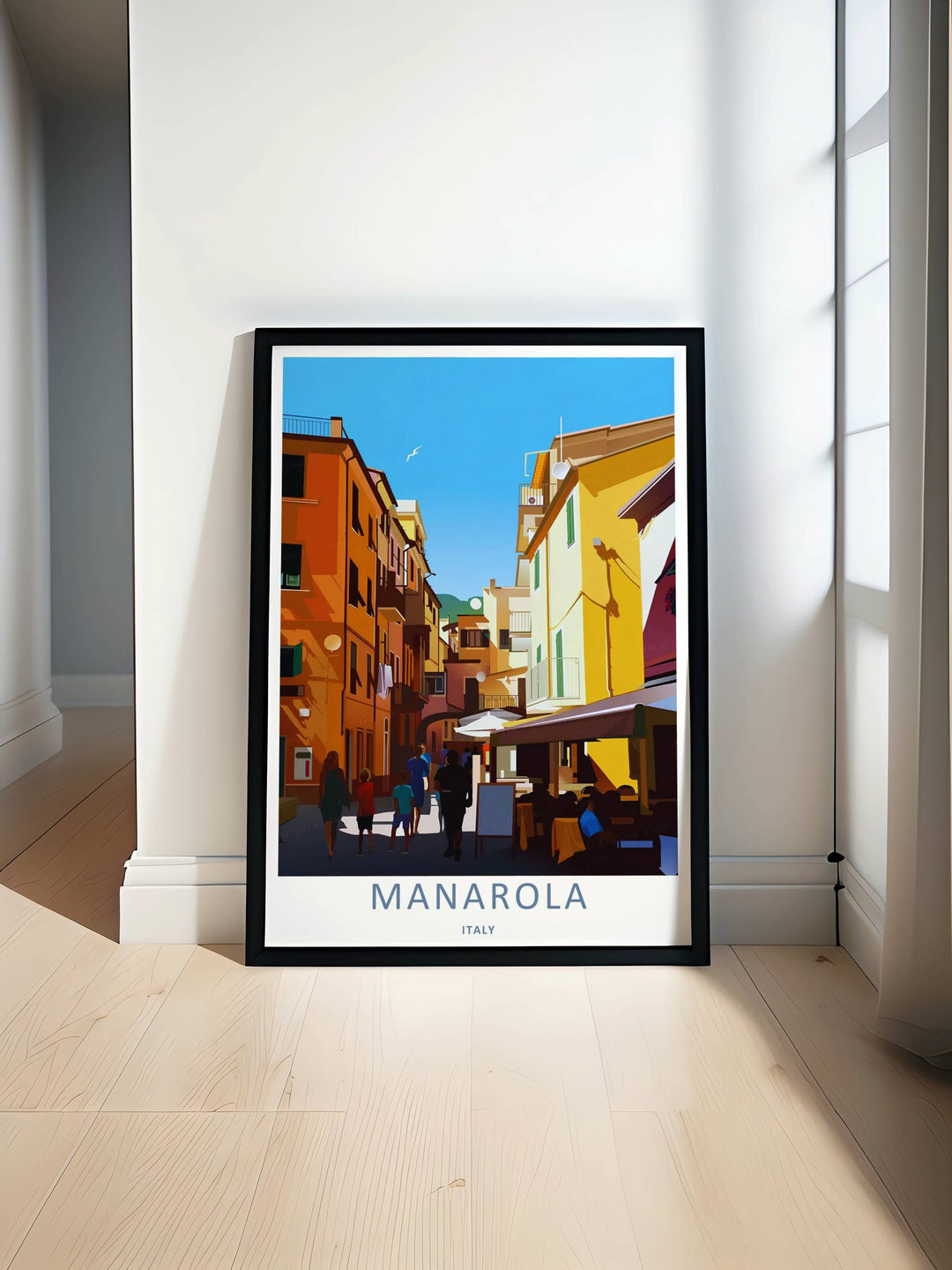 Minimalist Manarola Cinque Terre Italy travel poster of the iconic local town scene looking up at the vibrant apartment buildings without text, customizable as a canvas piece or a wood framed wall accent.