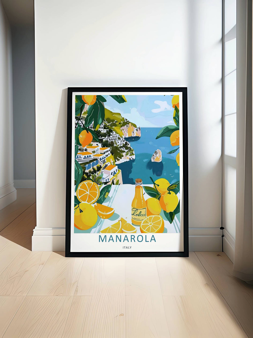 Minimalist Manarola Cinque Terre Italy travel poster of the iconic seaside town scene overlooking the deep blue water without text, customizable as a canvas piece or a wood framed wall accent.