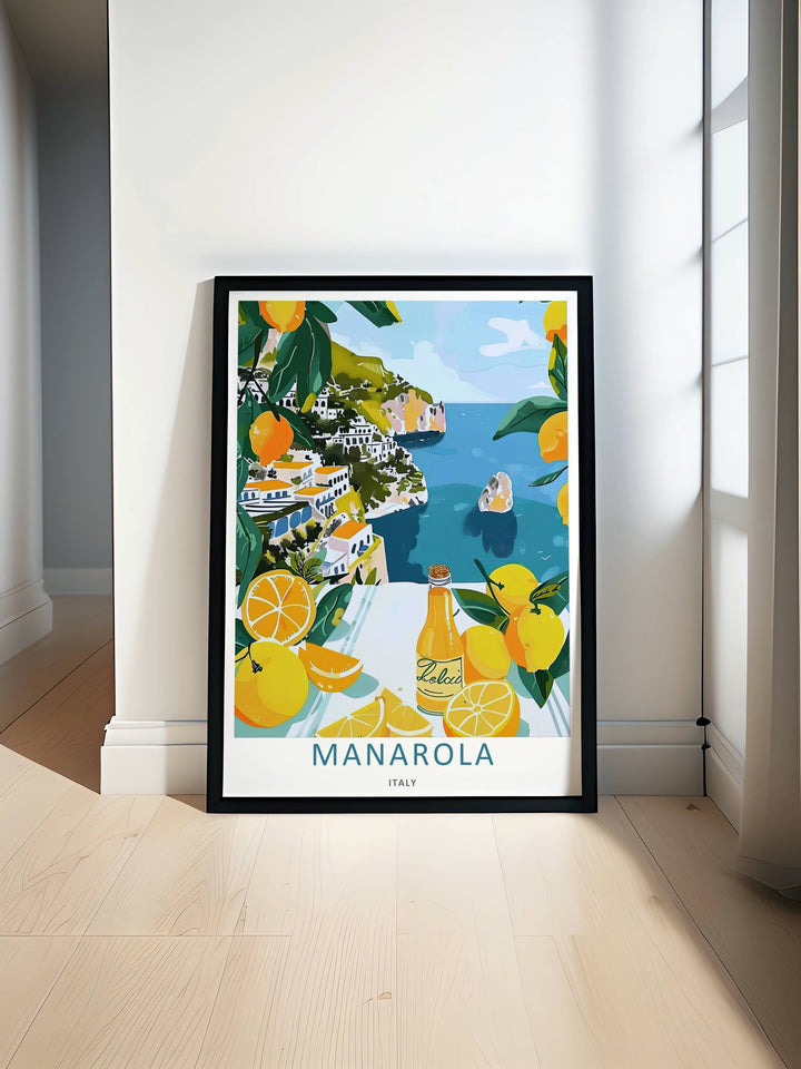 Minimalist Manarola Cinque Terre Italy travel poster of the iconic seaside town scene overlooking the deep blue water without text, customizable as a canvas piece or a wood framed wall accent.