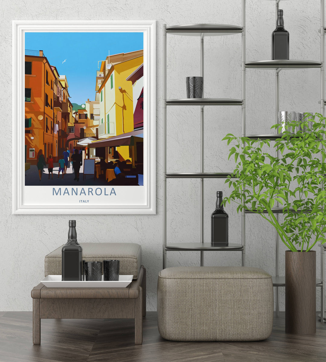 A detailed artistic Manarola Cinque Terre Italy travel poster displaying an elegant neighborhood view from inside the town, selectable as a wrapped canvas format or a loose matte poster print.