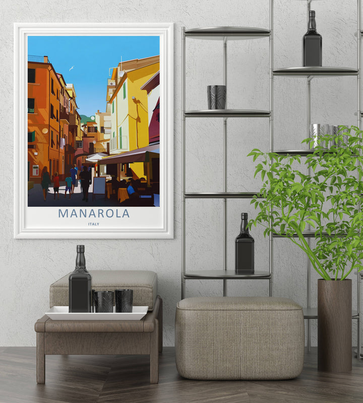 A detailed artistic Manarola Cinque Terre Italy travel poster displaying an elegant neighborhood view from inside the town, selectable as a wrapped canvas format or a loose matte poster print.