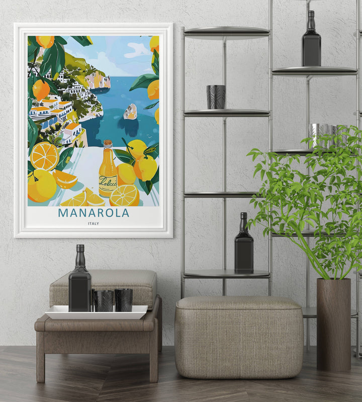 A detailed artistic Manarola Cinque Terre Italy travel poster displaying an elegant seaside view from a sun-drenched terrace, selectable as a wrapped canvas format or a loose matte poster print.