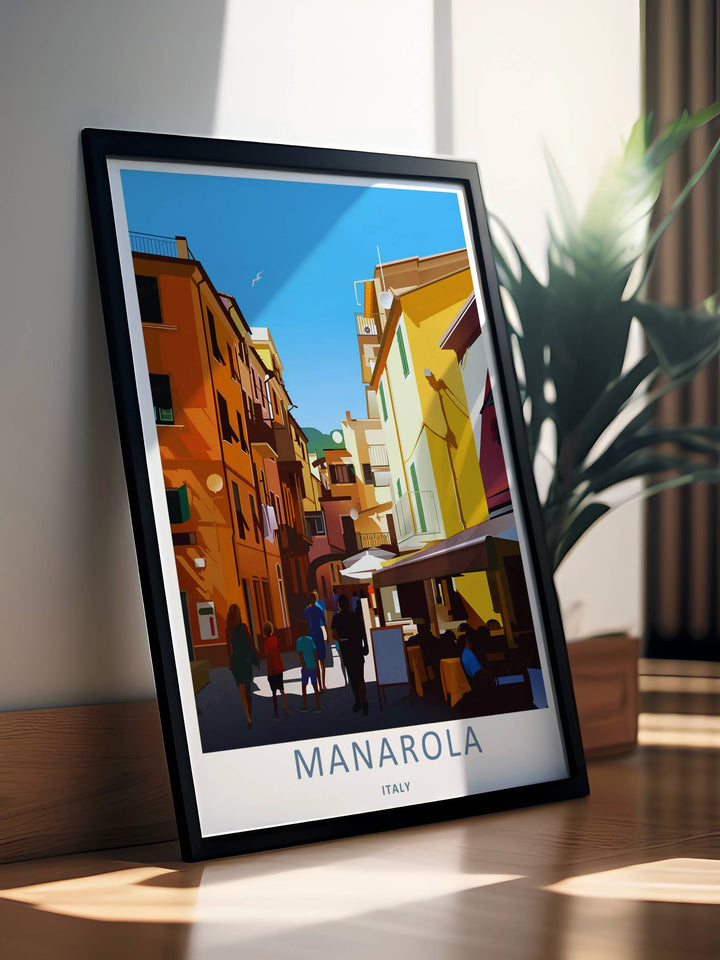 A stunning Italian village theme print showcasing fluid geometric house layers and local street details in Manarola Cinque Terre Italy, available in flexible, high-quality print layouts.