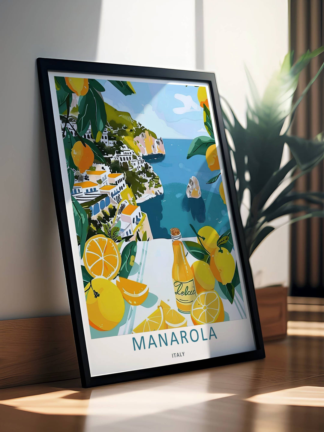 A stunning Italian resort theme print showcasing fluid geometric house layers and fresh citrus fruit details framing the coast of Manarola Cinque Terre Italy, available in flexible print layouts.