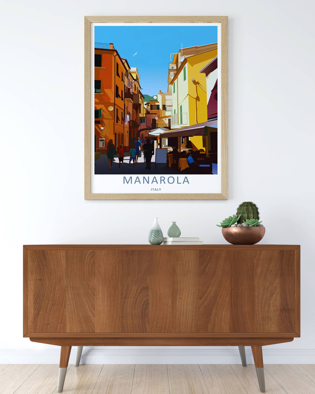 Colorful vector illustration print of the world-famous coastal village pathways and warm terracotta buildings of Manarola Cinque Terre Italy, crafted as a premium canvas wall print or a luxury gold framed piece.