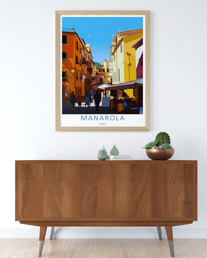 Colorful vector illustration print of the world-famous coastal village pathways and warm terracotta buildings of Manarola Cinque Terre Italy, crafted as a premium canvas wall print or a luxury gold framed piece.