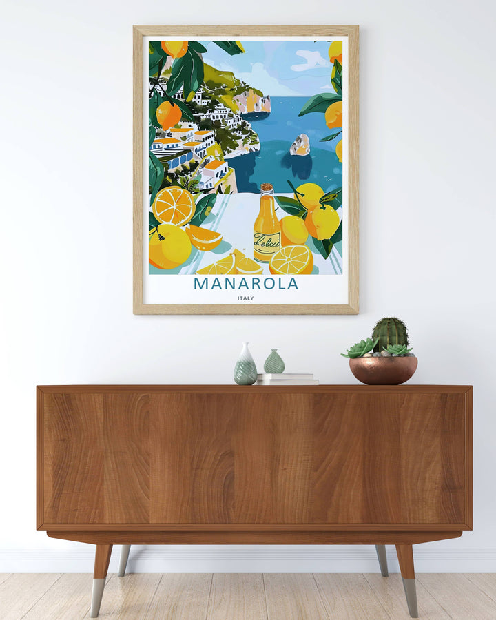 Colorful lifestyle illustration print of the world-famous coastal scenery and steep green bluffs of Manarola Cinque Terre Italy, crafted as a premium canvas wall print or a luxury gold framed piece.