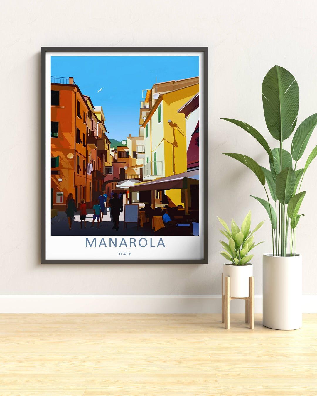 Modern wall art featuring a retro style layout of the iconic cliffside village street and cafe tables of Manarola Cinque Terre Italy, ordered as a stretched canvas format or standalone poster.
