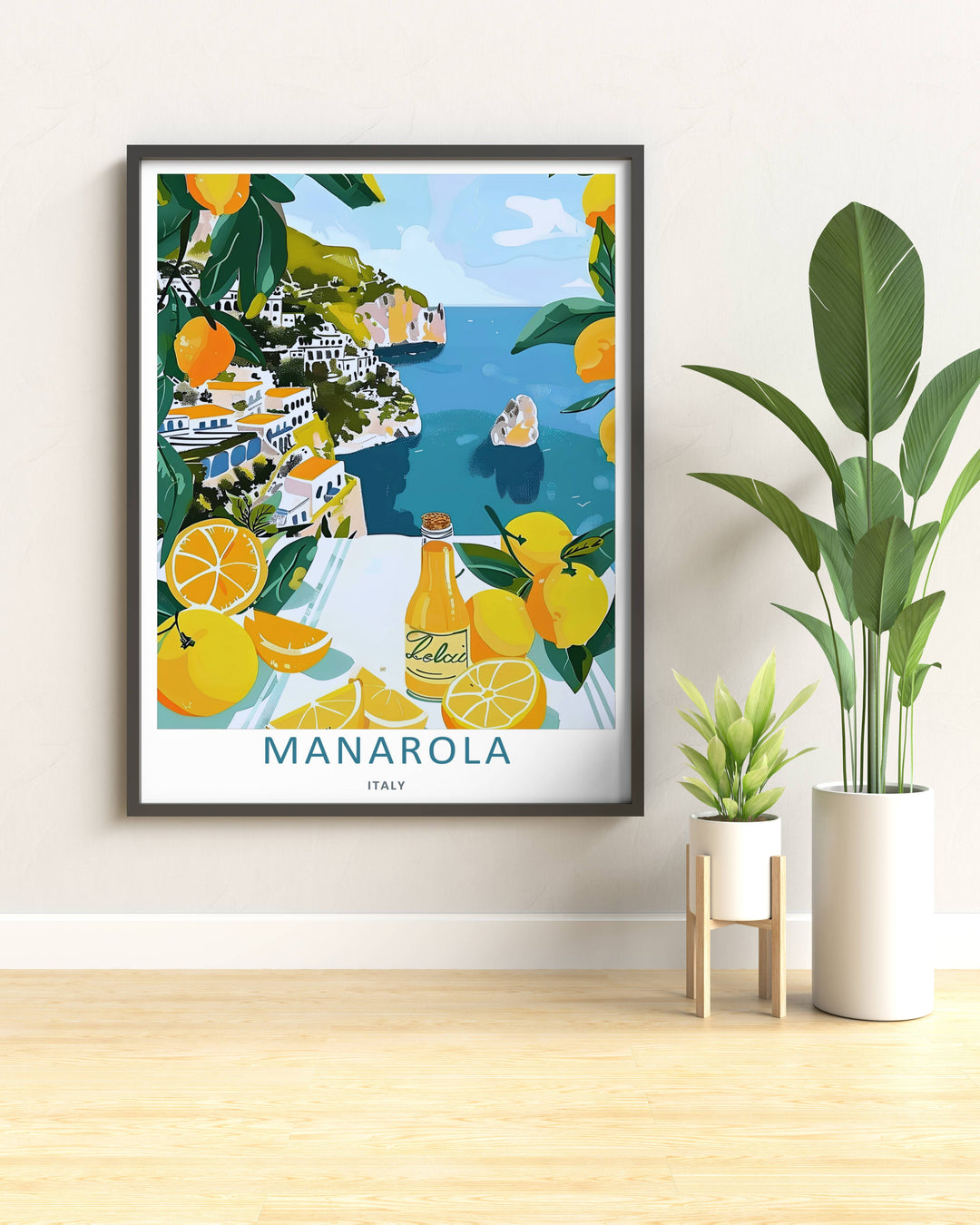 Modern wall art featuring a retro style layout of the iconic cliffside village and yellow lemon trees of Manarola Cinque Terre Italy, ordered as a stretched canvas format or standalone poster.