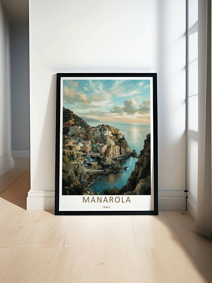 Minimalist Manarola Cinque Terre Italy travel poster of the iconic seaside town scene overlooking the Ligurian Sea without text, customizable as a textured canvas piece or a wood framed wall accent.