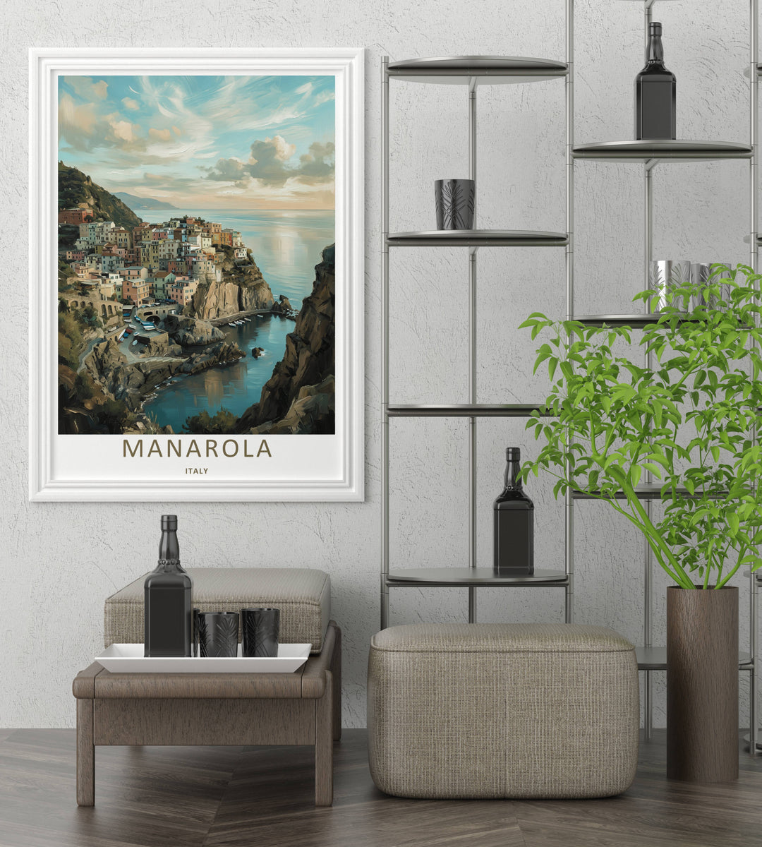 A detailed artistic Manarola Cinque Terre Italy travel poster displaying an elegant seaside view of the Italian Riviera, selectable as a wrapped canvas format or a loose matte poster print.