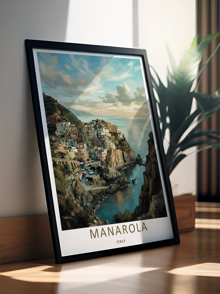 A stunning Italian resort theme print showcasing fluid brushstroke geometry and pastel cottages framing the coast of Manarola Cinque Terre Italy, available in flexible unframed, canvas, or framed layouts.