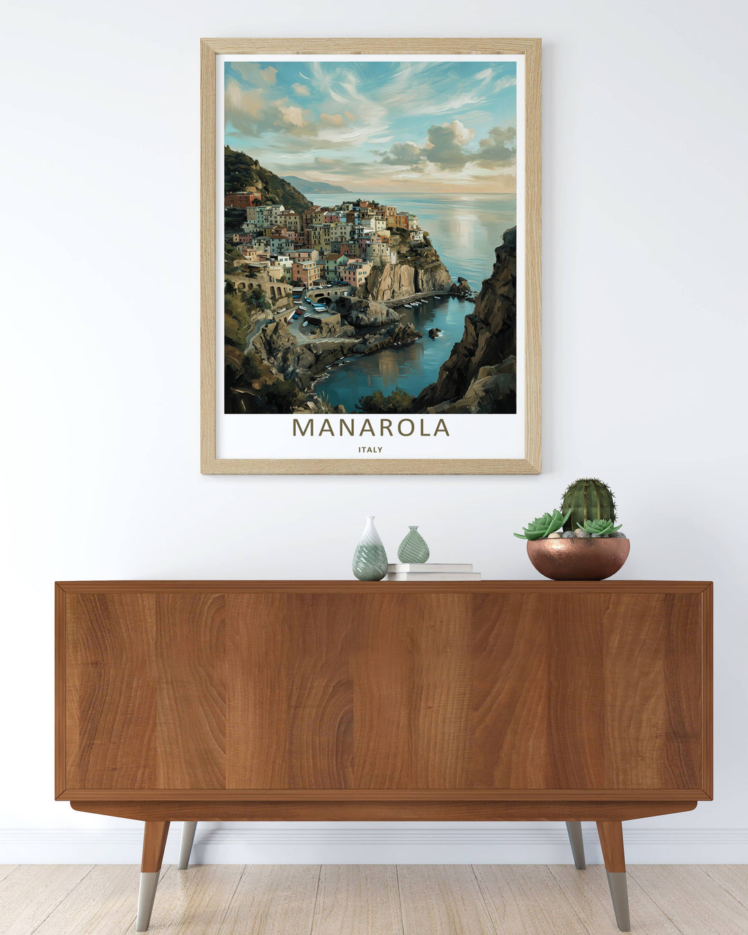 Colorful graphic illustration print of the world-famous coastal scenery and tiny fishing boats of Manarola Cinque Terre Italy, crafted as a premium canvas wall print or a luxury gold framed gallery piece.