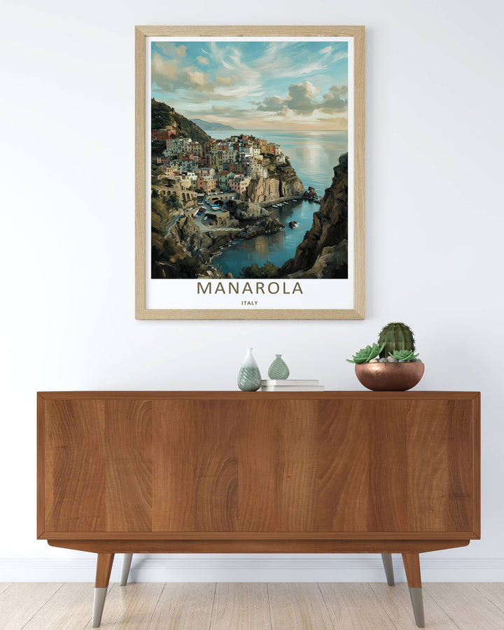 Colorful graphic illustration print of the world-famous coastal scenery and tiny fishing boats of Manarola Cinque Terre Italy, crafted as a premium canvas wall print or a luxury gold framed gallery piece.